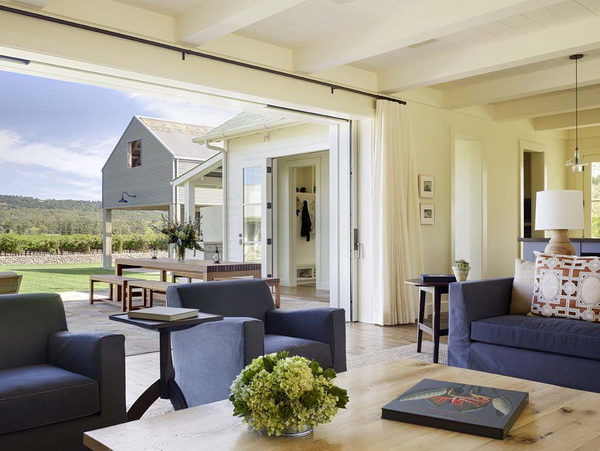 sliding-glass-door-curtains-Living-Room-Farmhouse-with-blue-armchair-blue-sofa